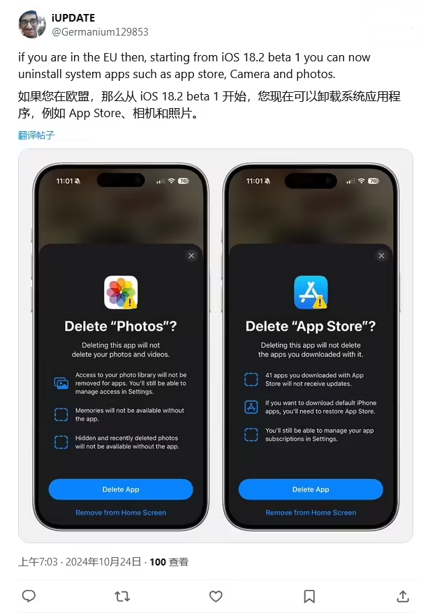 陈巴尔虎苹果手机维修分享iOS 18.2 支持删除 App Store 应用商店 